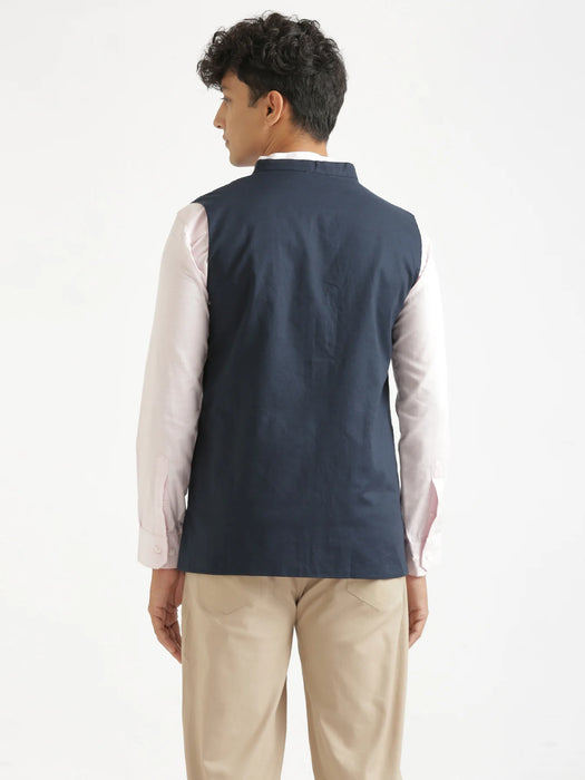 Men Navy Blue Airy Linen Nehru Jacket