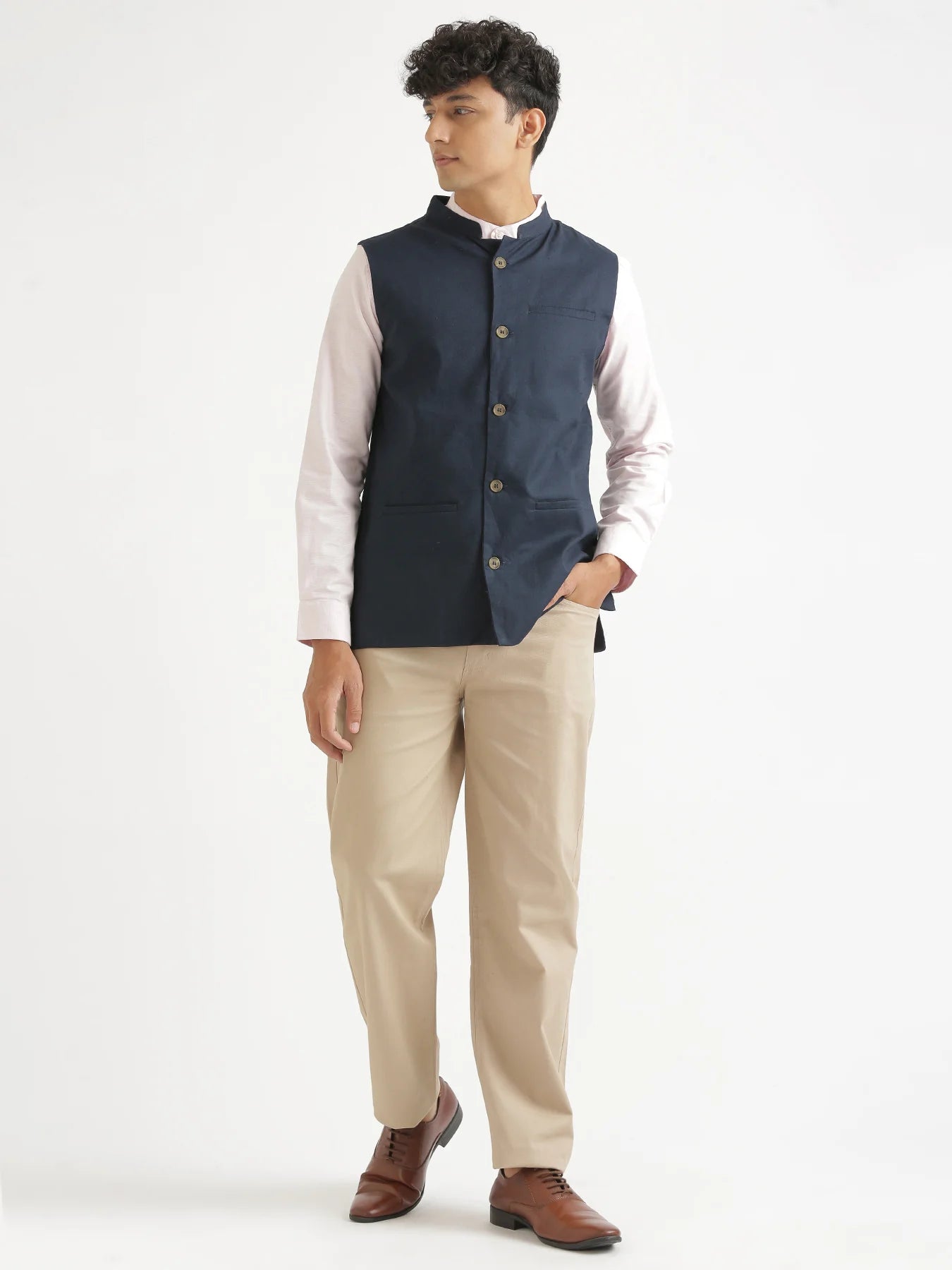 Men Navy Blue Airy Linen Nehru Jacket