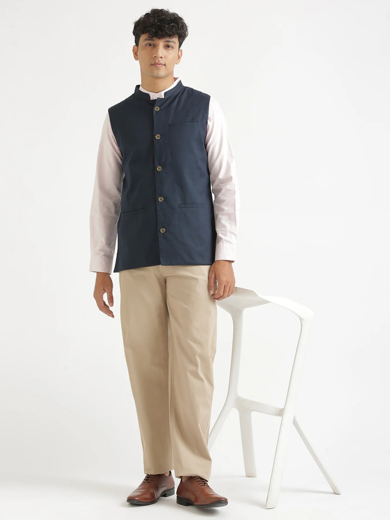 Men Navy Blue Airy Linen Nehru Jacket
