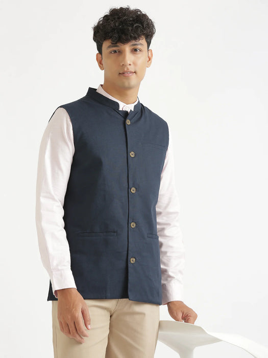 Men Navy Blue Airy Linen Nehru Jacket