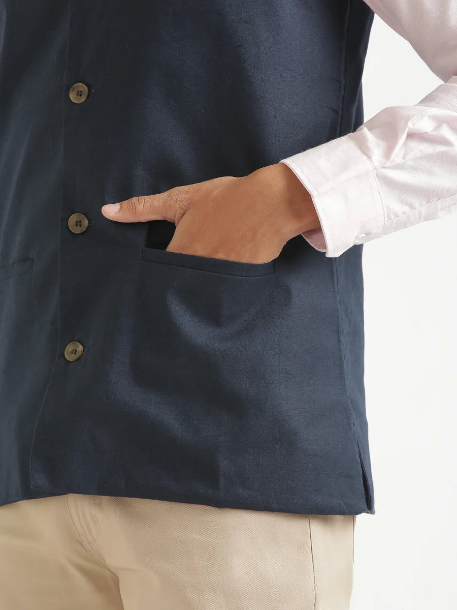 Men Navy Blue Airy Linen Nehru Jacket