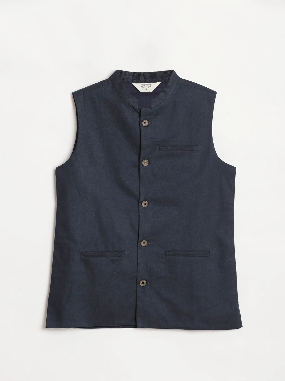 Men Navy Blue Airy Linen Nehru Jacket