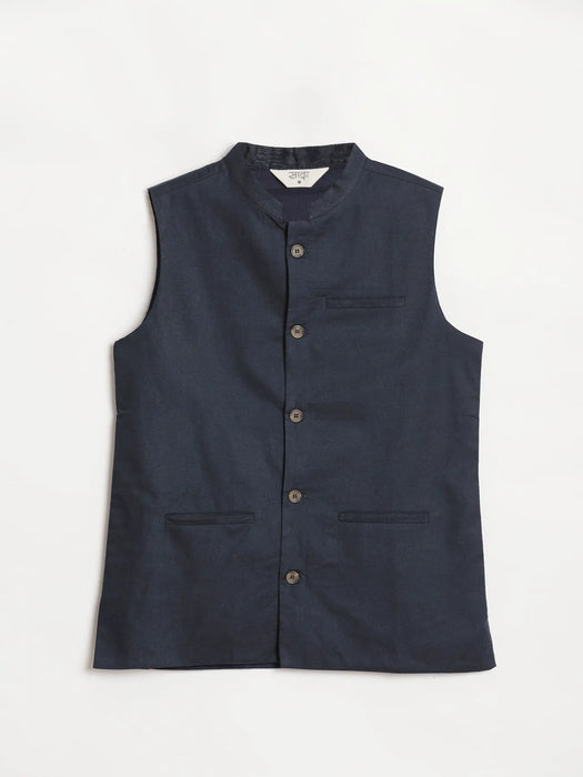 Men Navy Blue Airy Linen Nehru Jacket