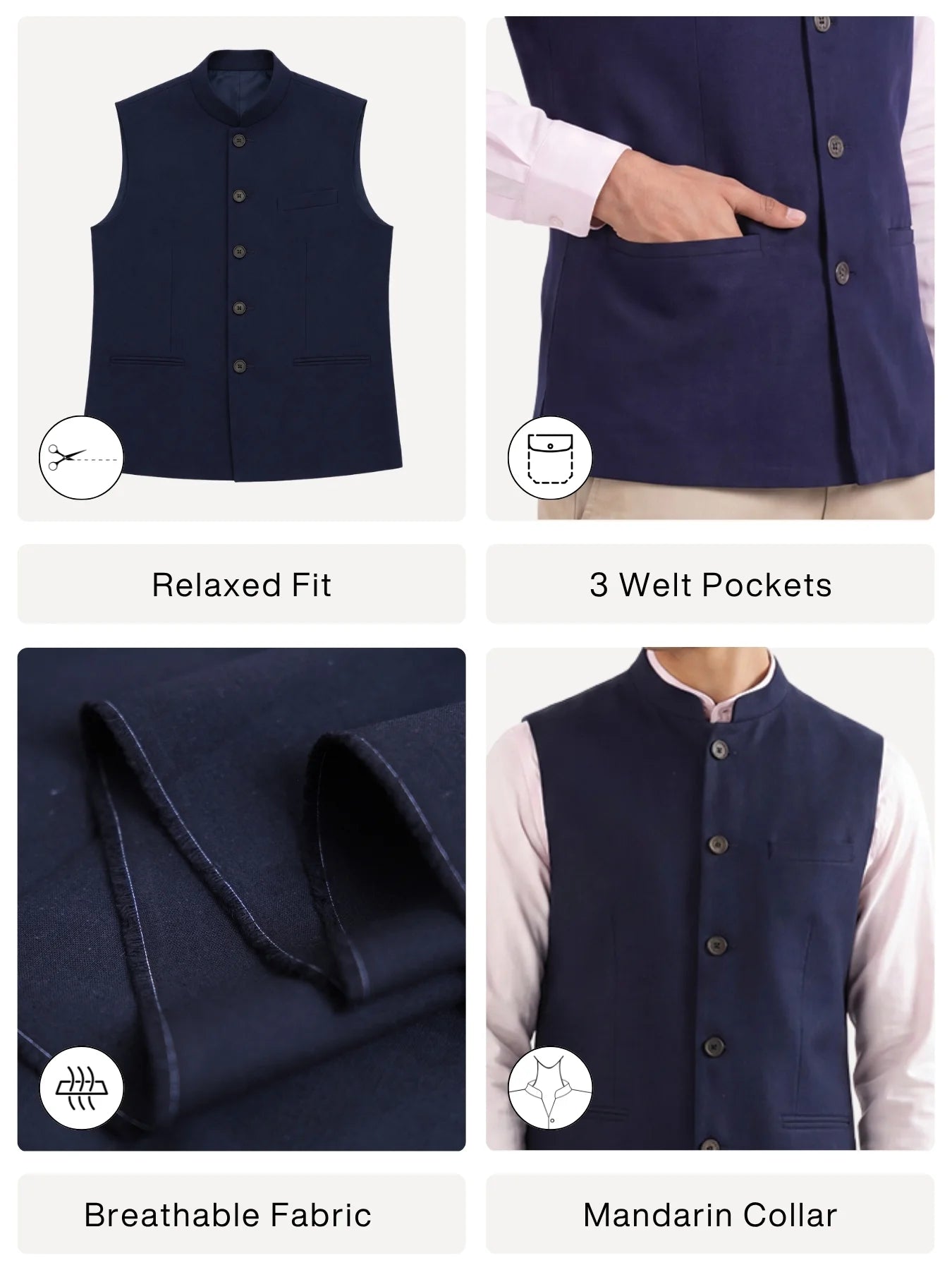 Men Navy Blue Airy Linen Nehru Jacket