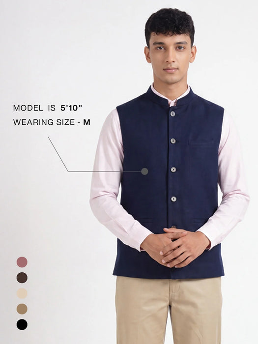 Men Navy Blue Airy Linen Nehru Jacket
