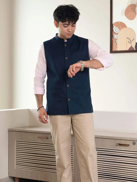 Men Navy Blue Airy Linen Nehru Jacket