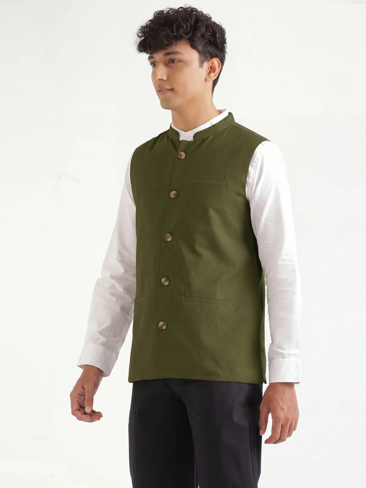 Men Olive Green Airy Linen Nehru Jacket