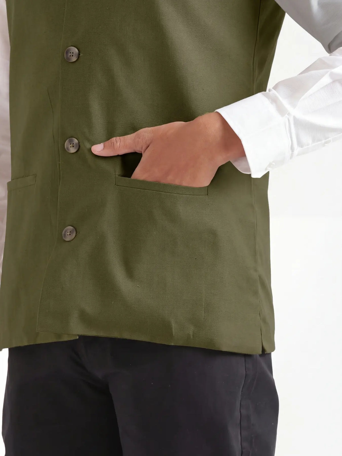 Men Olive Green Airy Linen Nehru Jacket