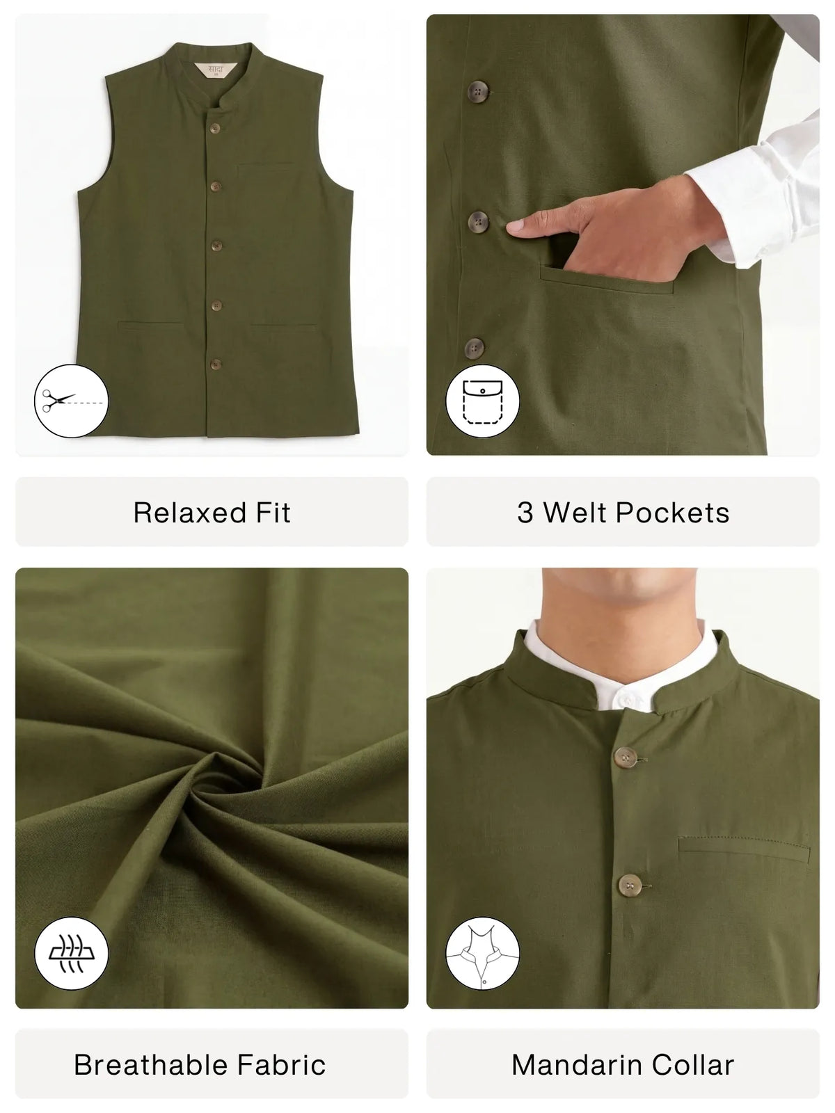 Men Olive Green Airy Linen Nehru Jacket