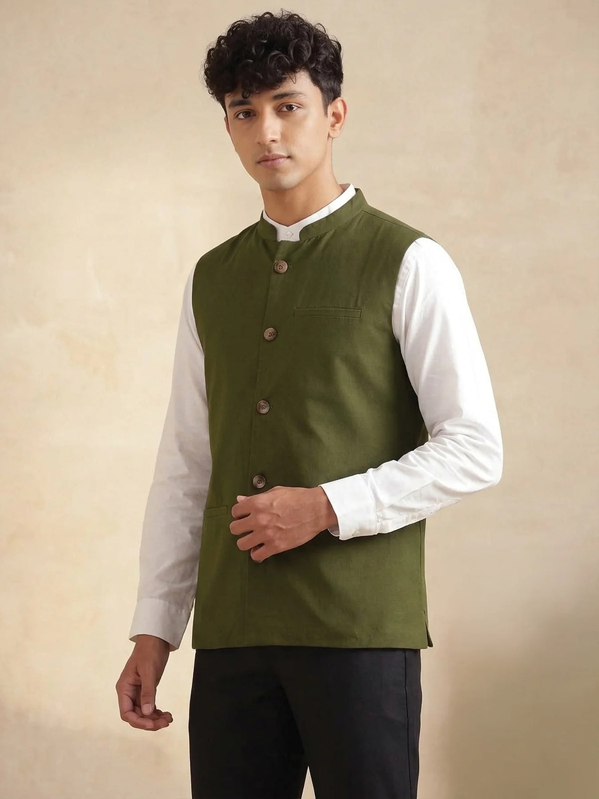 Men Olive Green Airy Linen Nehru Jacket