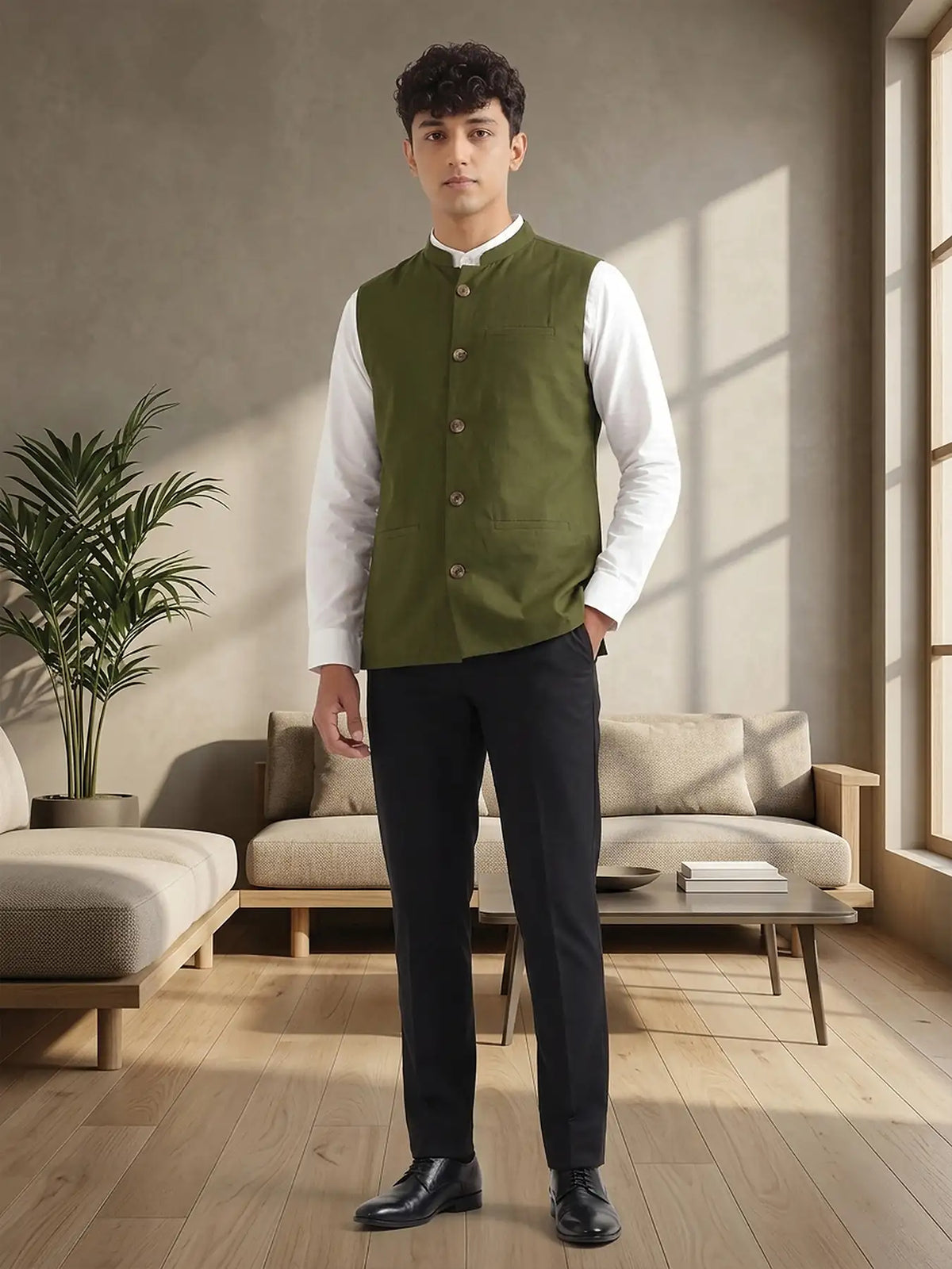 Men Olive Green Airy Linen Nehru Jacket