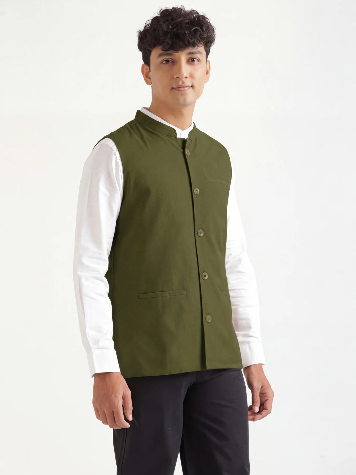 Men Olive Green Airy Linen Nehru Jacket