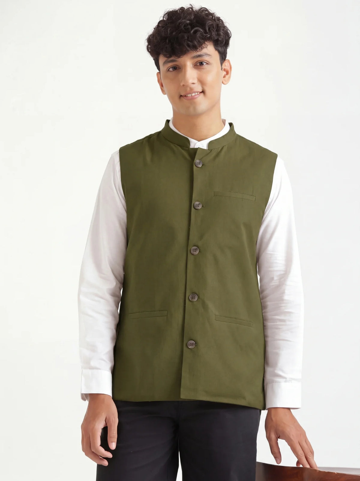 Men Olive Green Airy Linen Nehru Jacket