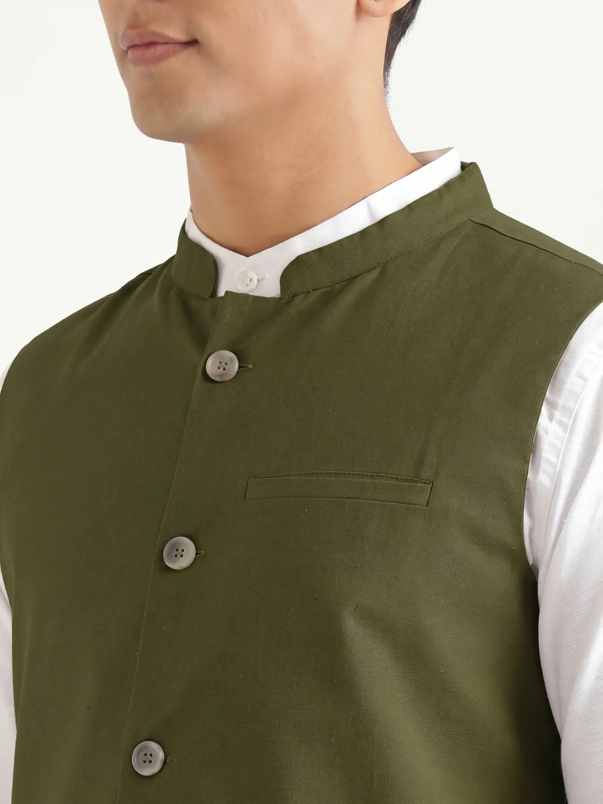 Men Olive Green Airy Linen Nehru Jacket