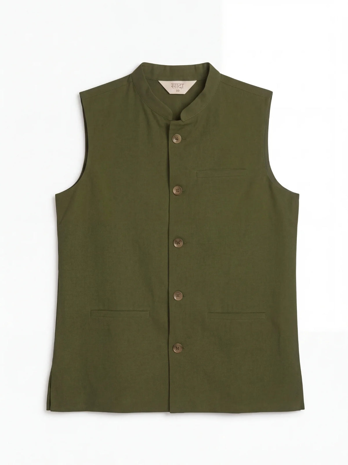 Men Olive Green Airy Linen Nehru Jacket