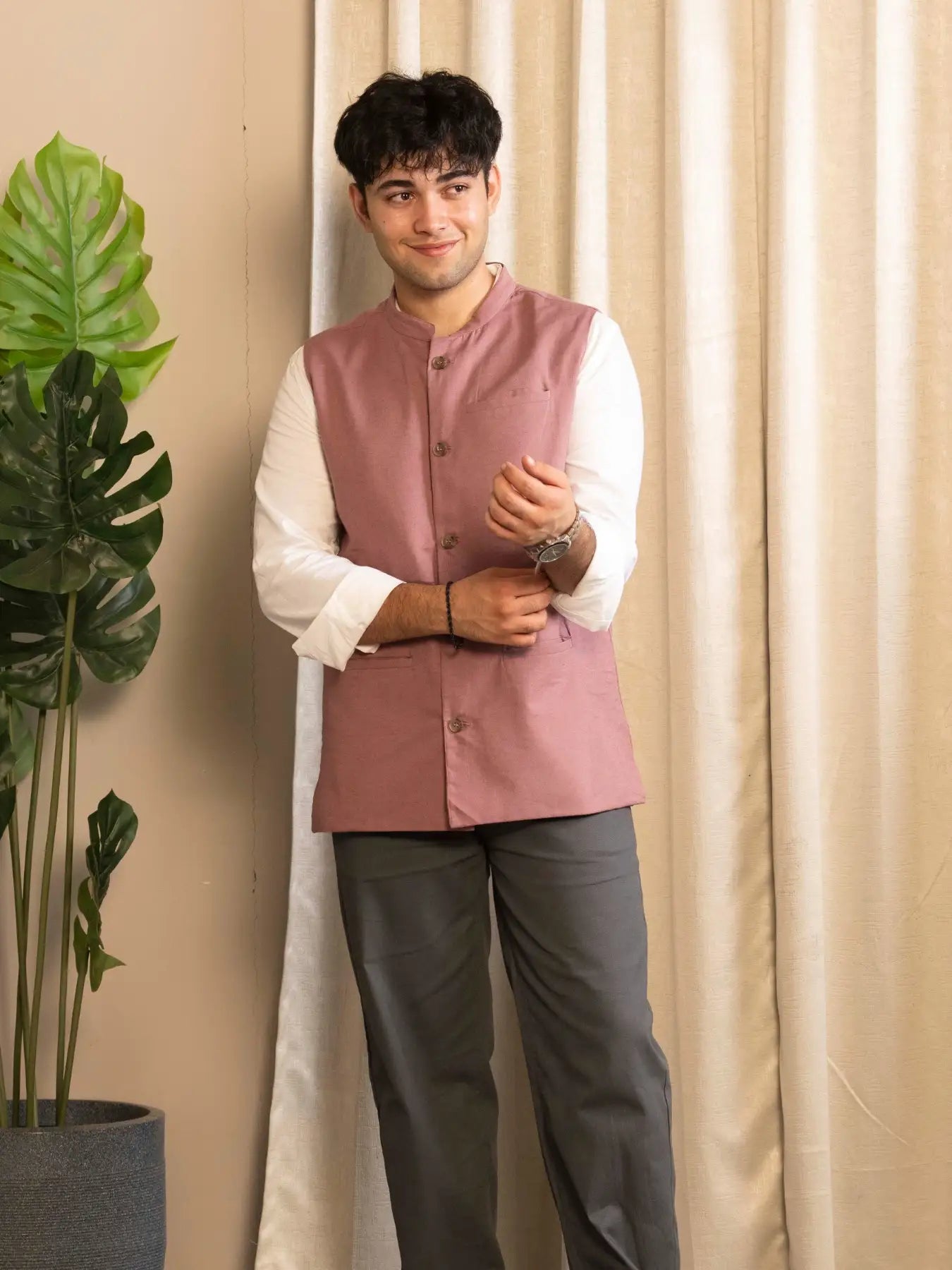 Men Rose Taupe Airy Linen Nehru Jacket