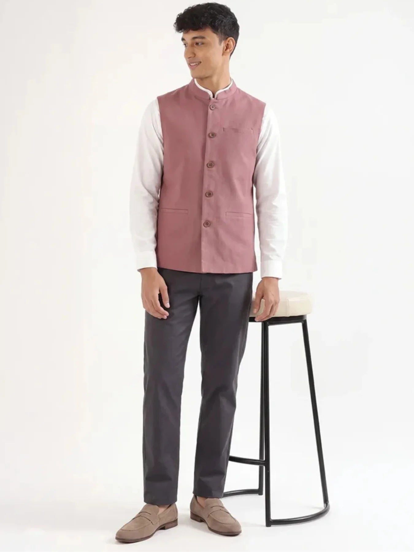 Men Rose Taupe Airy Linen Nehru Jacket