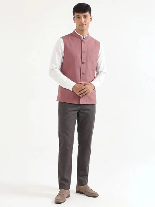 Men Rose Taupe Airy Linen Nehru Jacket
