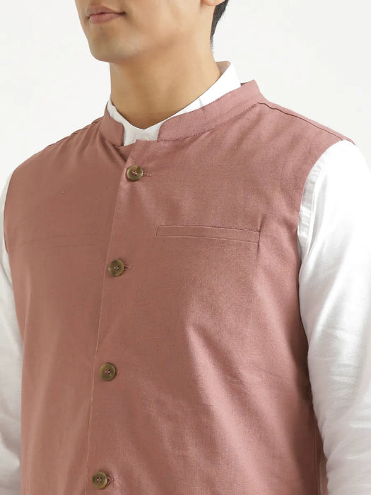 Men Rose Taupe Airy Linen Nehru Jacket
