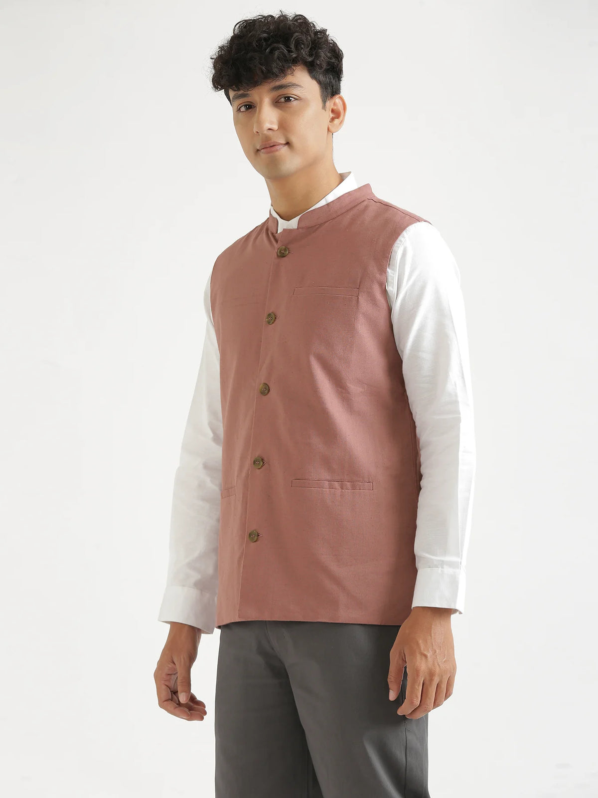 Men Rose Taupe Airy Linen Nehru Jacket