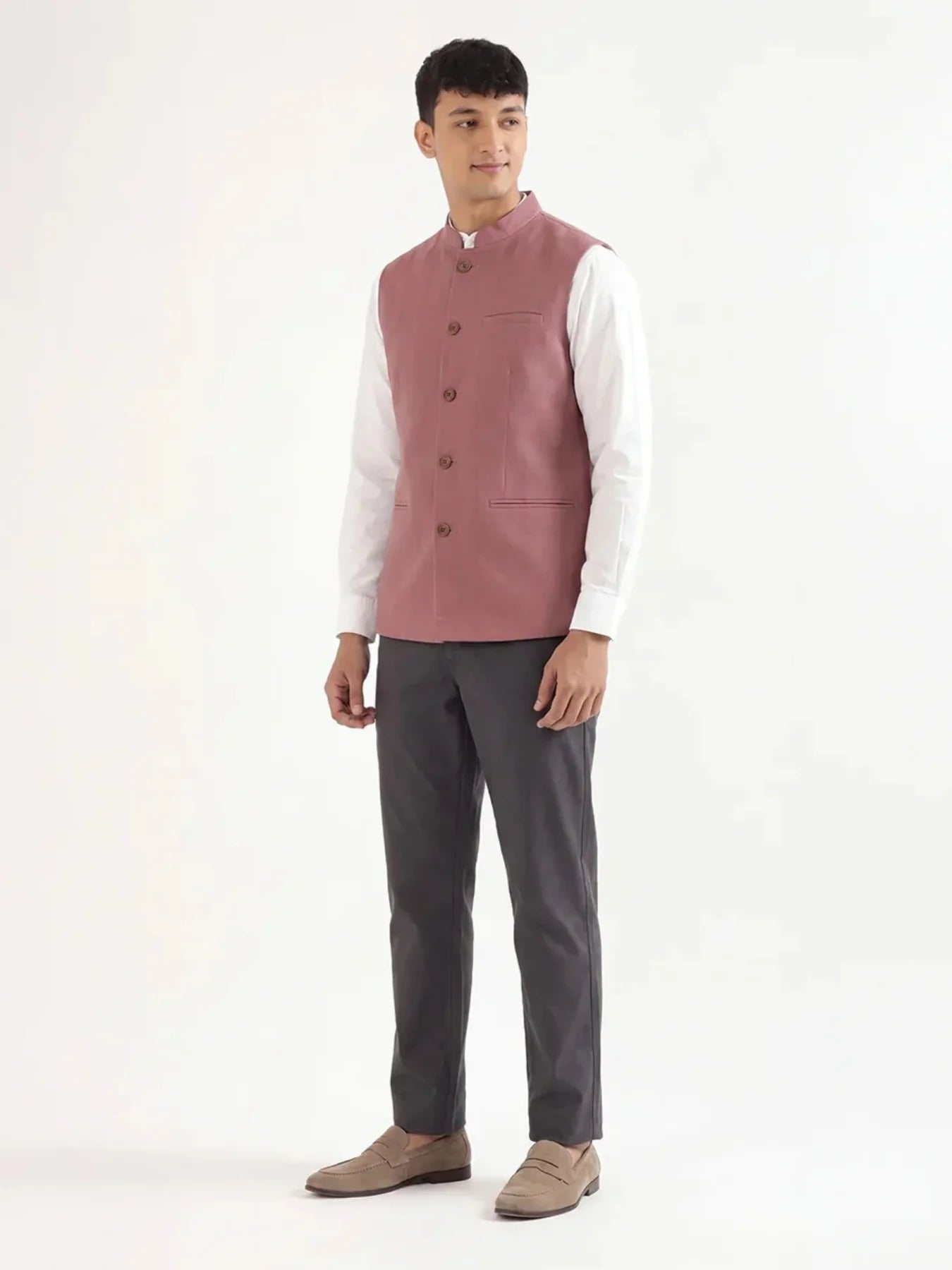 Men Rose Taupe Airy Linen Nehru Jacket