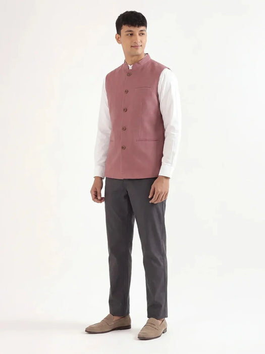 Men Rose Taupe Airy Linen Nehru Jacket