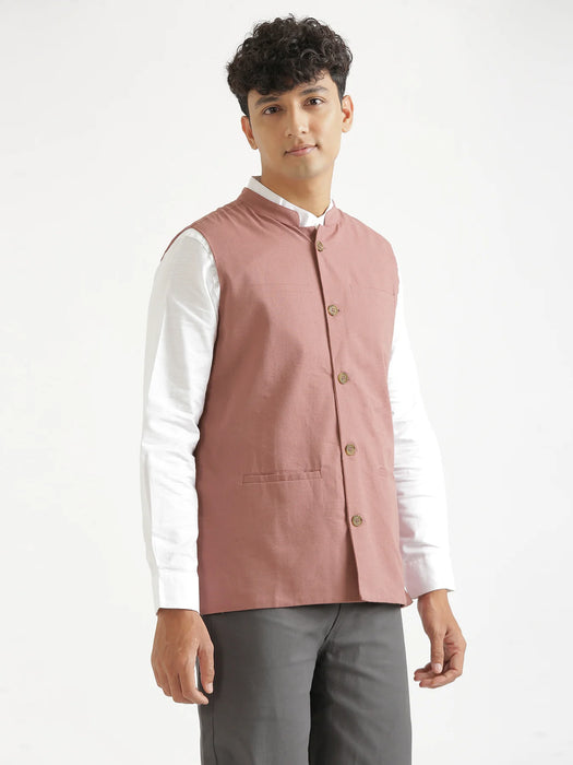 Men Rose Taupe Airy Linen Nehru Jacket