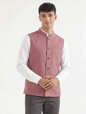 Men Rose Taupe Airy Linen Nehru Jacket