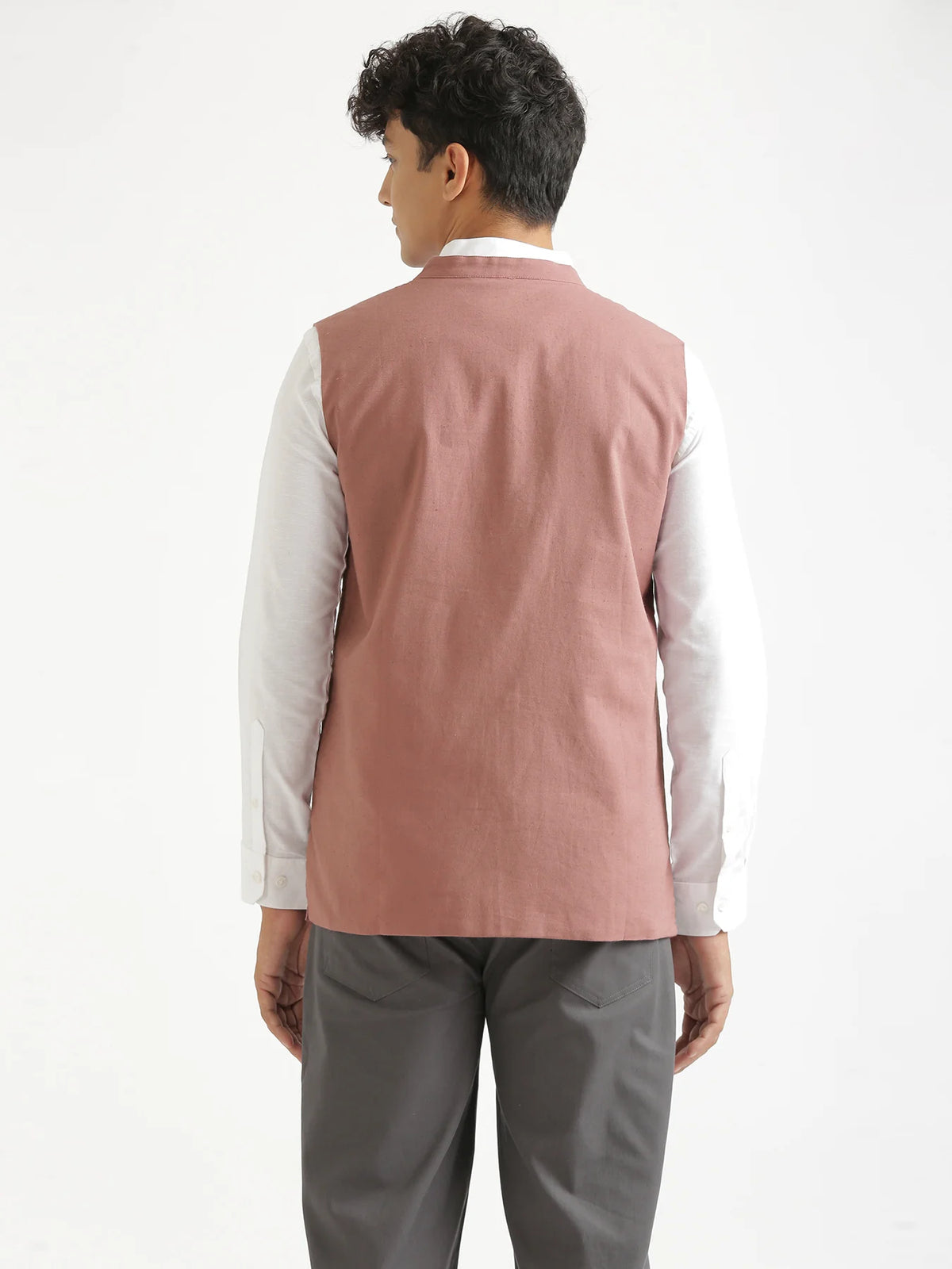 Men Rose Taupe Airy Linen Nehru Jacket
