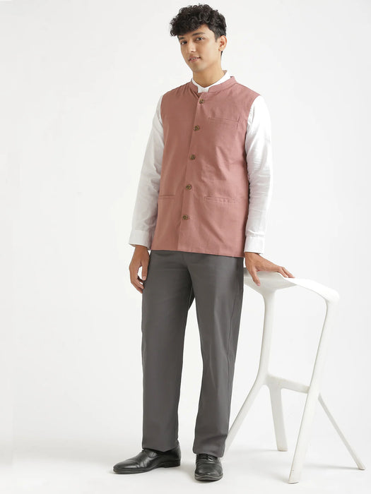 Men Rose Taupe Airy Linen Nehru Jacket