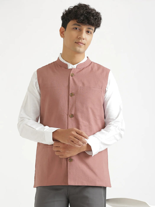 Men Rose Taupe Airy Linen Nehru Jacket