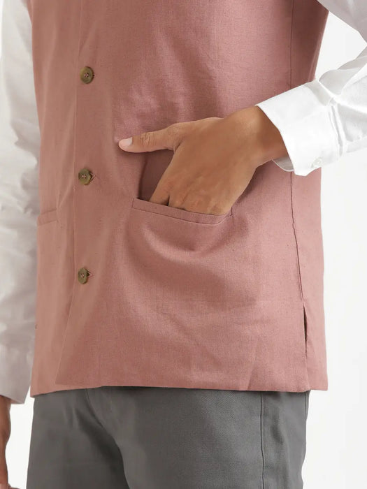 Men Rose Taupe Airy Linen Nehru Jacket