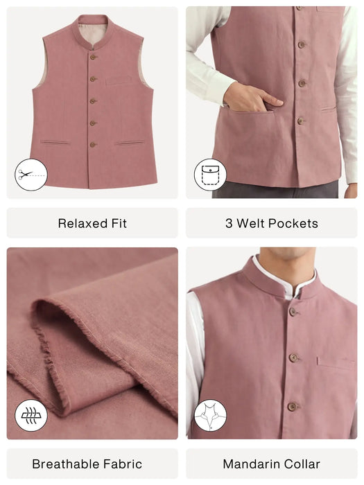 Men Rose Taupe Airy Linen Nehru Jacket