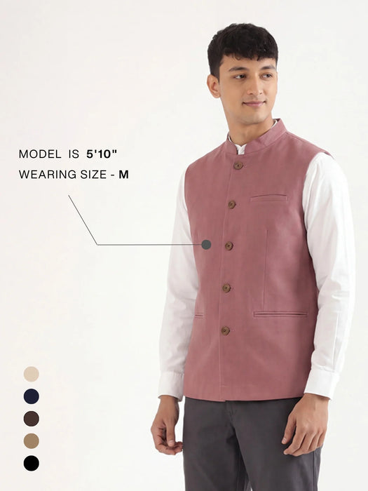 Men Rose Taupe Airy Linen Nehru Jacket
