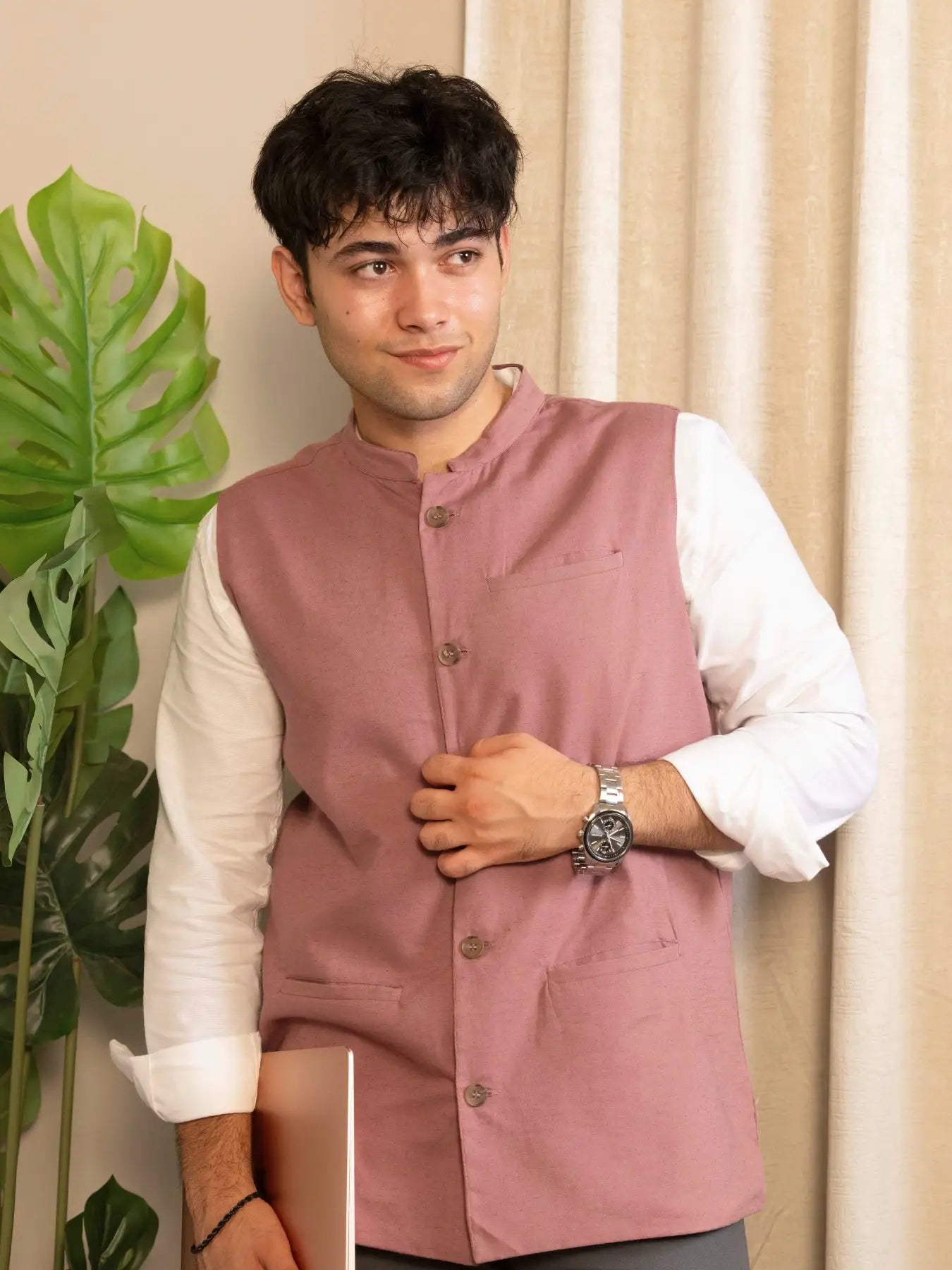 Men Rose Taupe Airy Linen Nehru Jacket