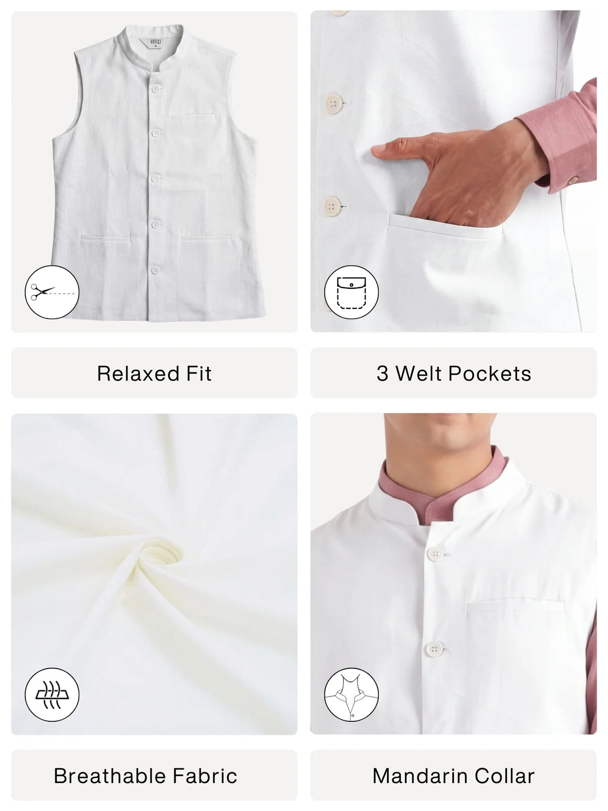 Men White Airy Linen Nehru Jacket