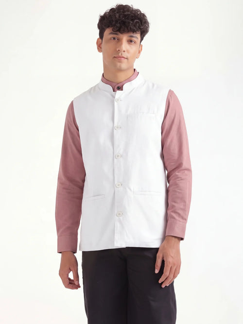 Men White Airy Linen Nehru Jacket