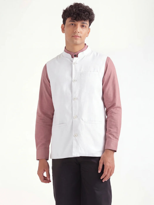 Men White Airy Linen Nehru Jacket