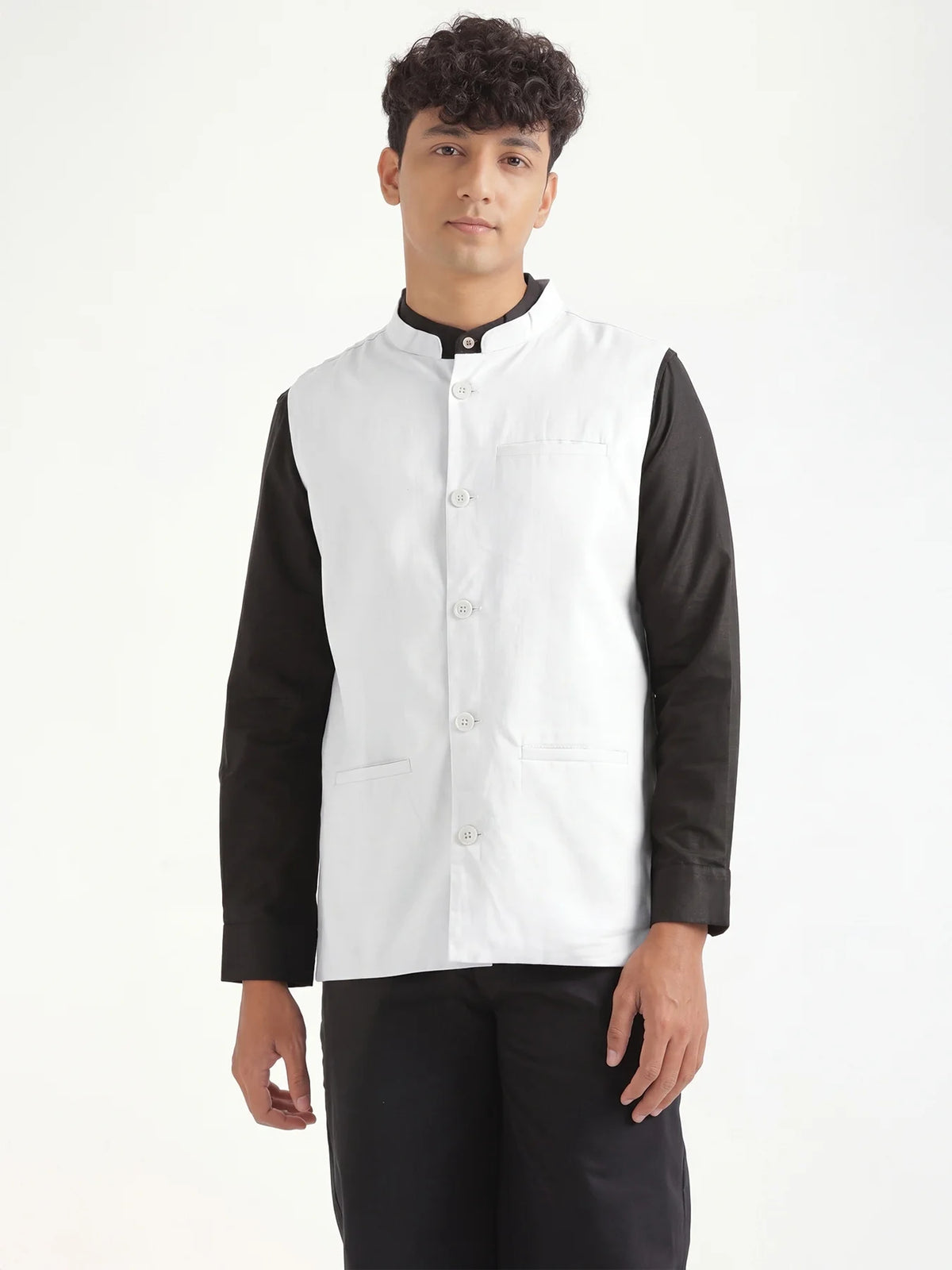 Men White Airy Linen Nehru Jacket