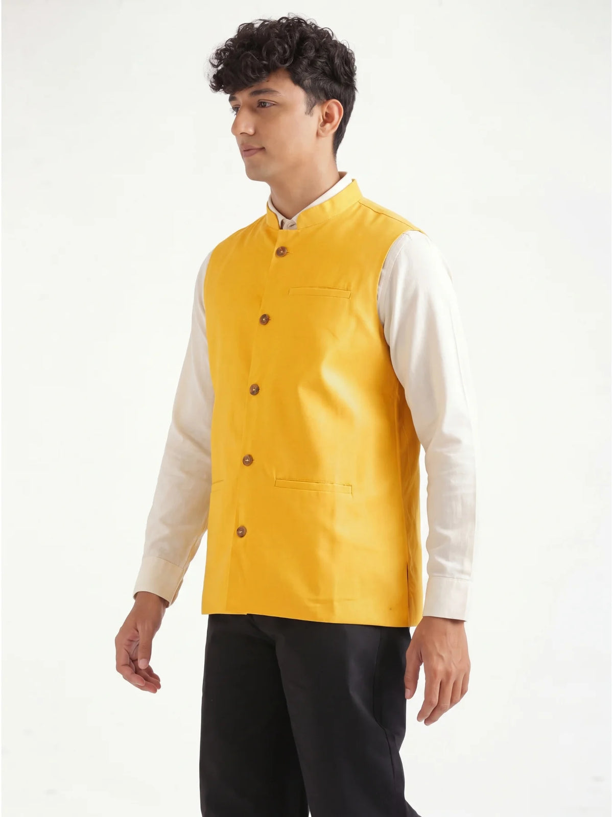 Men Yellow Airy Linen Nehru Jacket