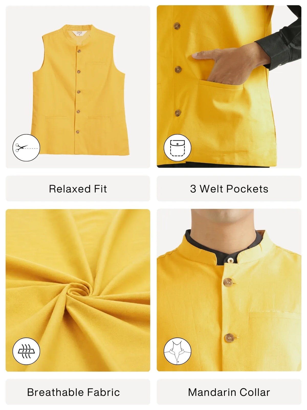 Men Yellow Airy Linen Nehru Jacket