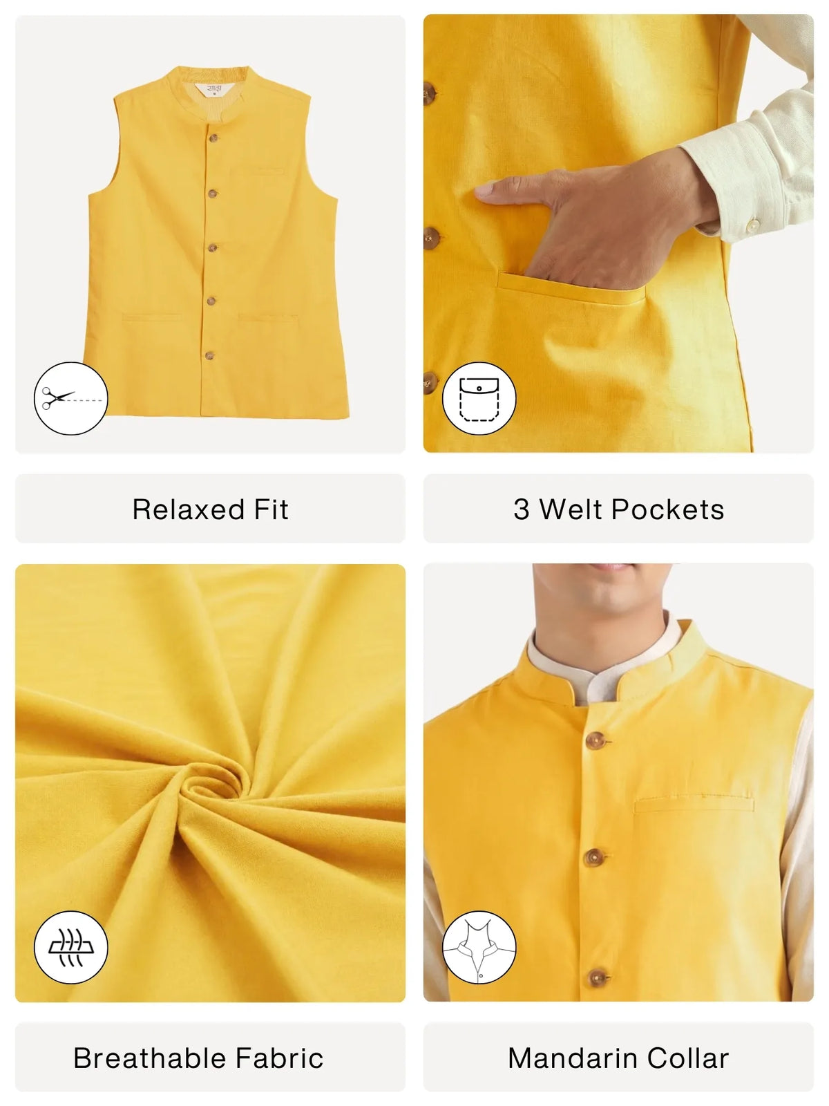 Men Yellow Airy Linen Nehru Jacket