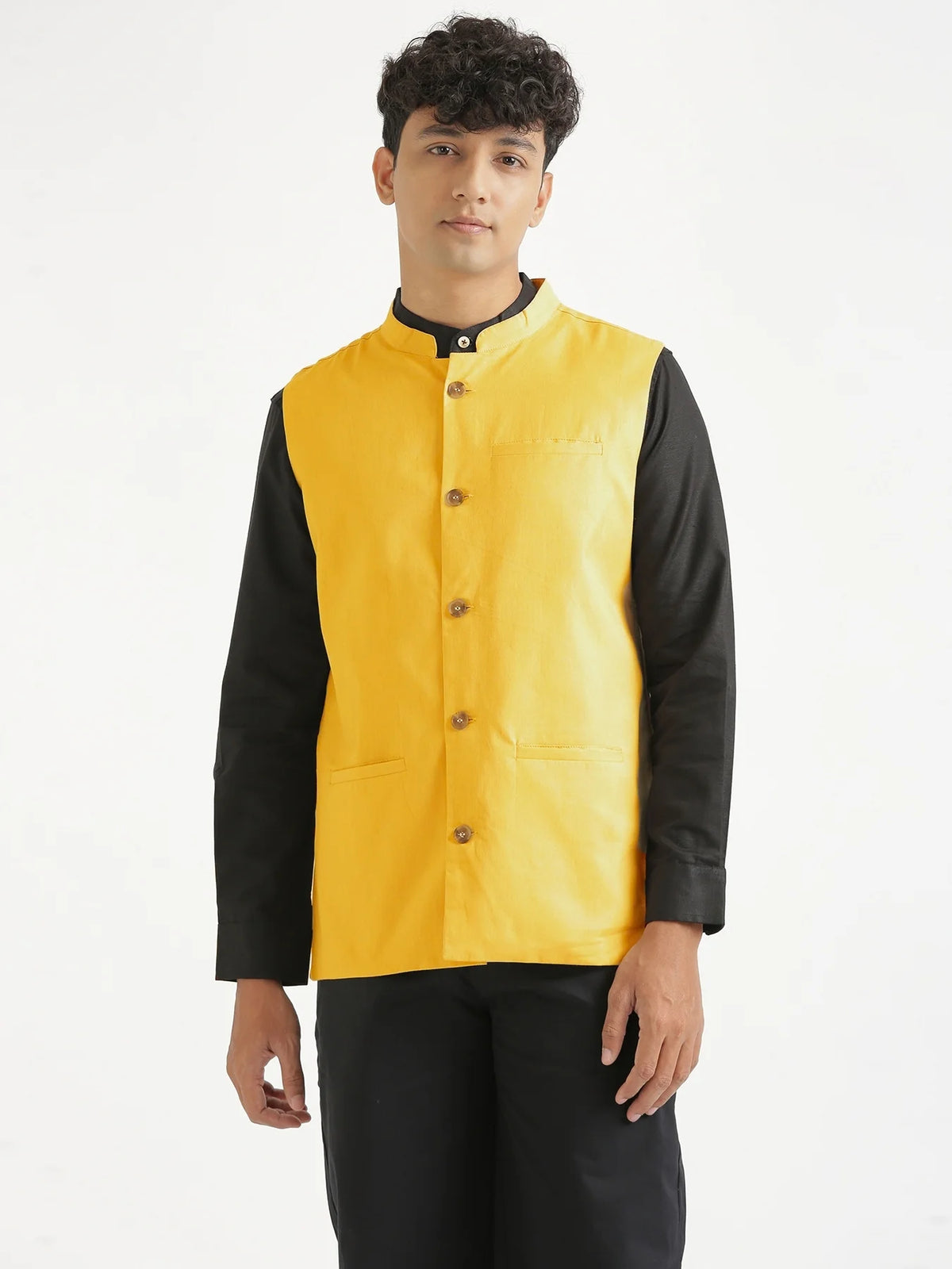 Men Yellow Airy Linen Nehru Jacket