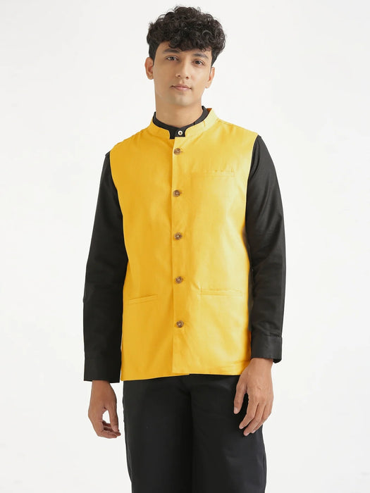 Men Yellow Airy Linen Nehru Jacket