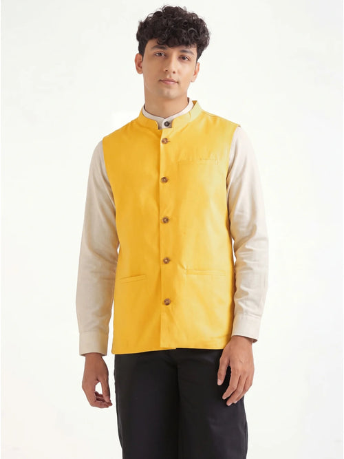 Men Yellow Airy Linen Nehru Jacket