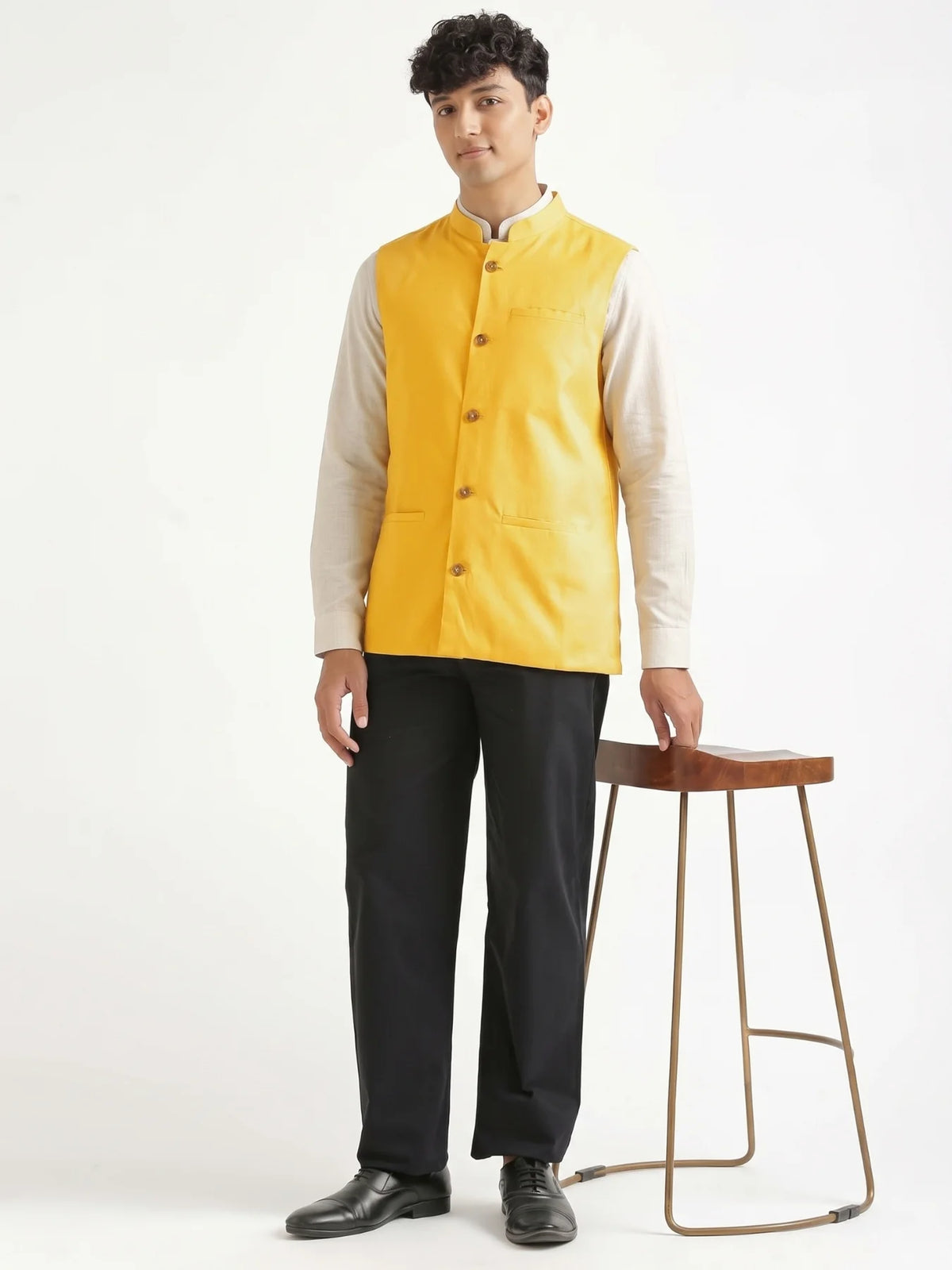 Men Yellow Airy Linen Nehru Jacket