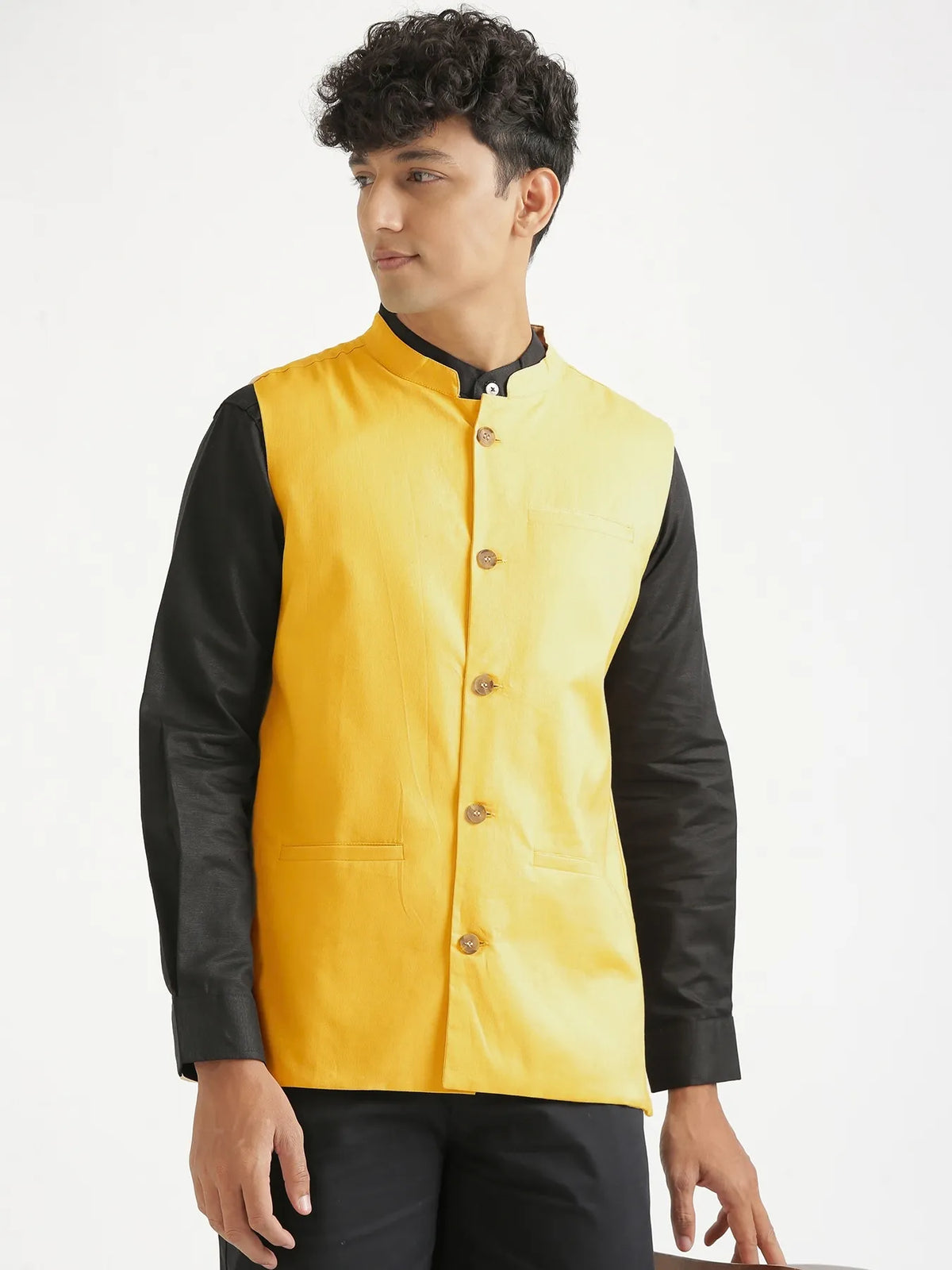 Men Yellow Airy Linen Nehru Jacket