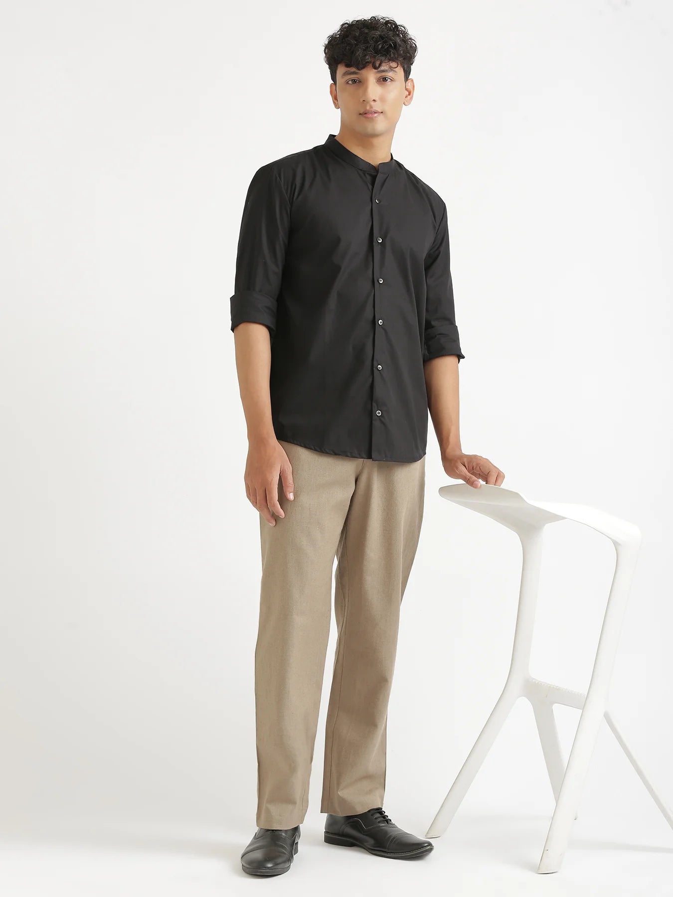 Men Black Better Cotton Mandarin Collar Shirt