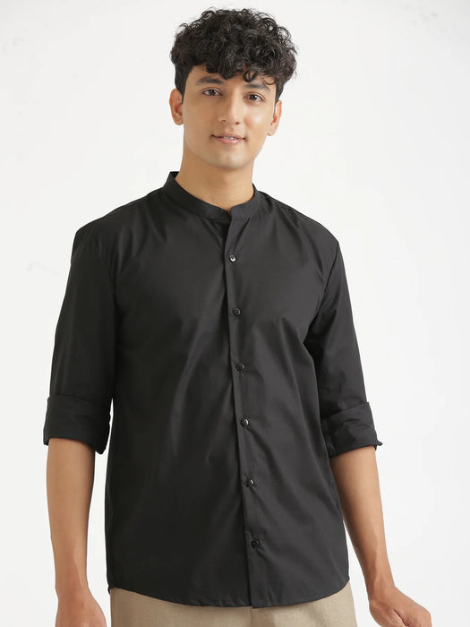 Men Black Better Cotton Mandarin Collar Shirt