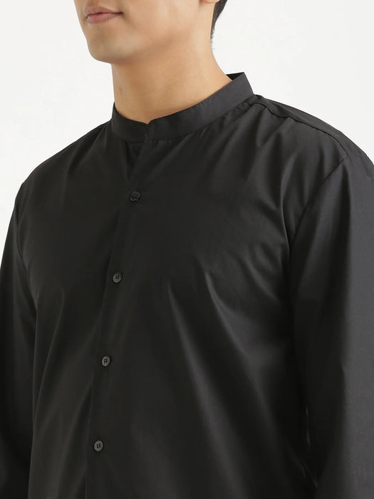 Men Black Better Cotton Mandarin Collar Shirt